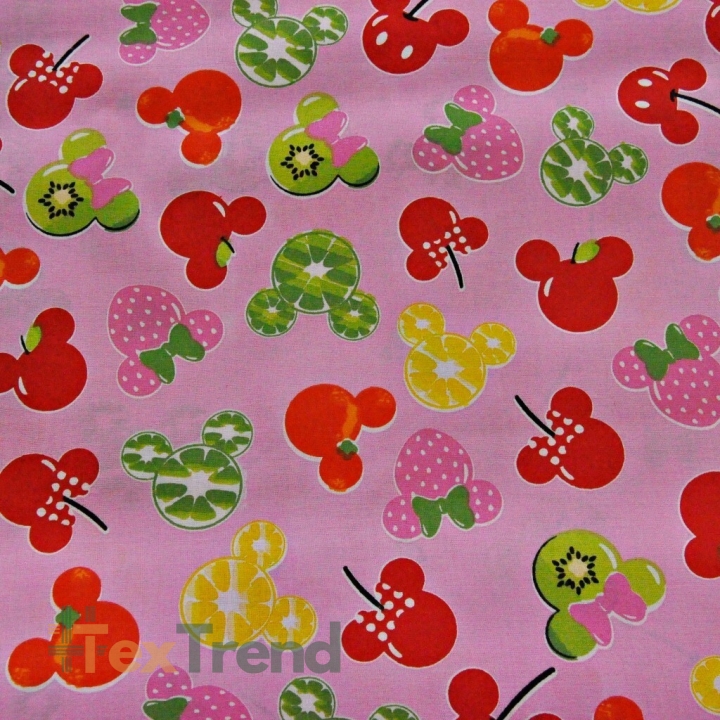 Baumwolle 100% MIKI Früchte auf rosa Hintergrund  