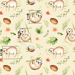 Baumwolle 100% Faultiere beige-grün auf ecrufarbenem Hintergrund  