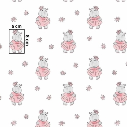 Baumwolle 100% GIRL Nilpferde auf weißem Hintergrund  