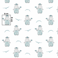 Baumwolle 100% BOY Nilpferde auf weißem Hintergrund  