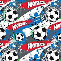 Baumwolle 100% Fußball blau-grau-rot auf weißem Hintergrund  