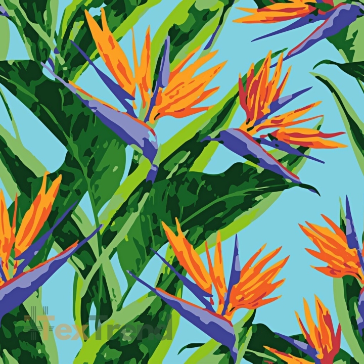 Baumwolle 100% Blumen Strelitzien auf blauem Hintergrund  