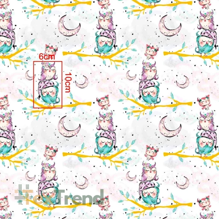 Baumwolle 100% goldene Eulen auf Ästen auf weißem Hintergrund  