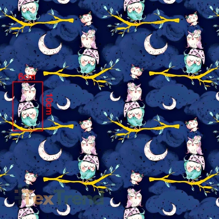 Baumwolle 100% goldene Eulen auf Ästen auf dunkelblauem Hintergrund  