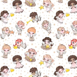 Baumwolle 100% goldene Engelchen beige auf weißem Hintergrund  