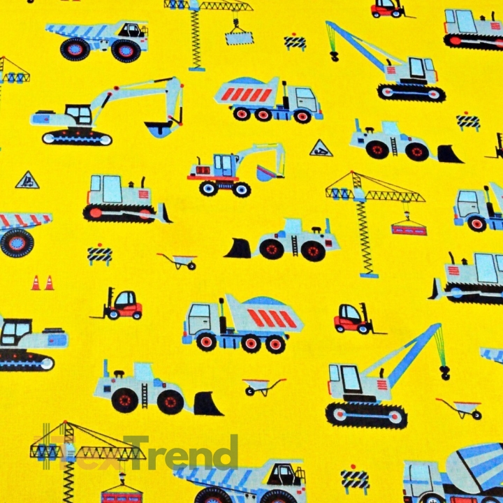 Baumwolle 100% Bauarbeiten blau auf gelbem Hintergrund  