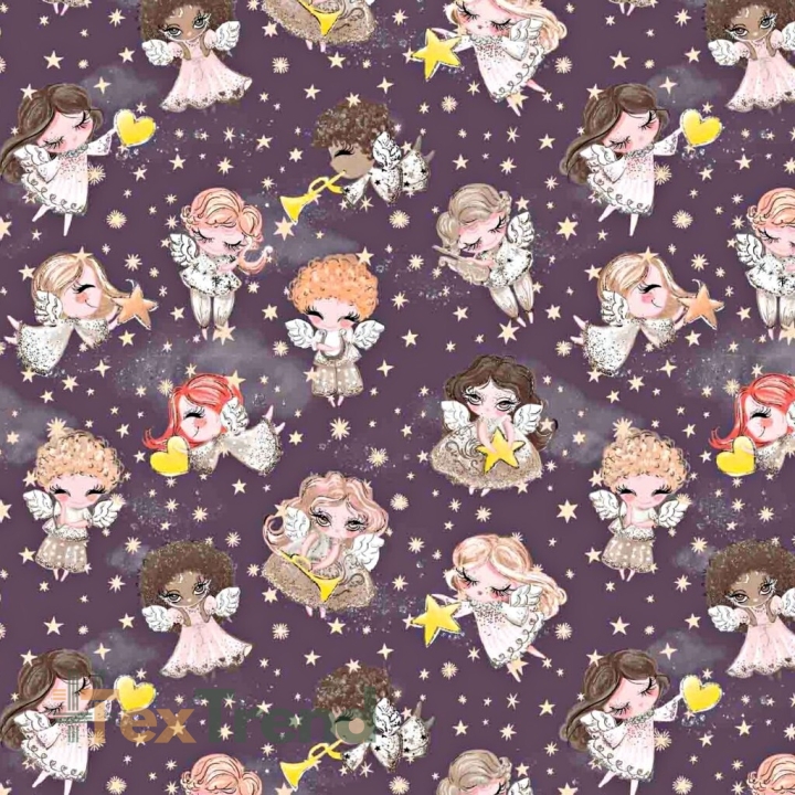 Baumwolle 100% goldene Engelchen beige auf dunkelviolettem Hintergrund  