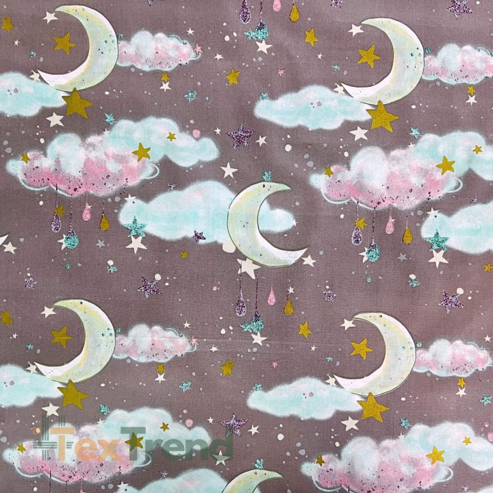 Baumwolle 100% goldene Monde mit Wolken auf violettem Hintergrund  