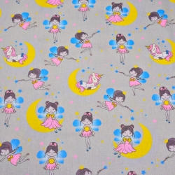 Baumwolle 100% Prinzessinnen mit Einhörnern auf grauem Hintergrund  