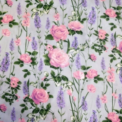 Baumwolle 100% Blumen Lavendel mit Rosen auf grauem Hintergrund  
