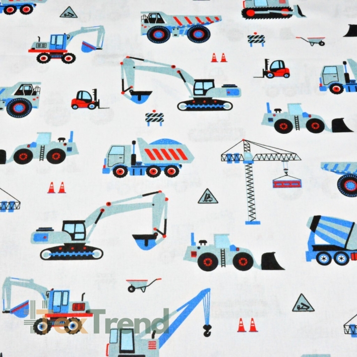 Baumwolle 100% Baustellen blau auf weißem Hintergrund  