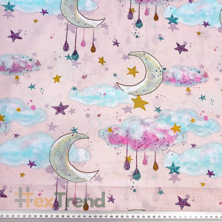 Baumwolle 100% goldene Monde mit Wolken auf rosa Hintergrund  