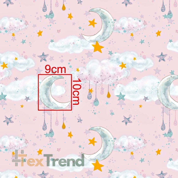 Baumwolle 100% goldene Monde mit Wolken auf rosa Hintergrund  