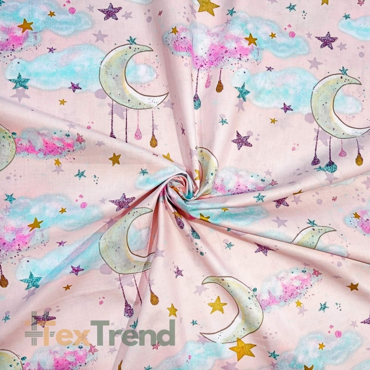 Baumwolle 100% goldene Monde mit Wolken auf rosa Hintergrund  