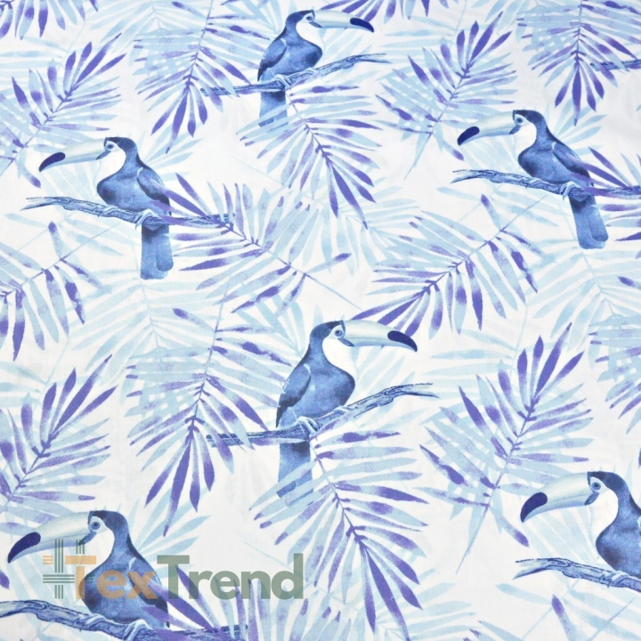 Baumwolle 100% Tukane mit blau-dunkelblauen Palmenblättern auf weißem Hintergrund  