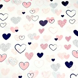 Baumwolle 100% gemusterte Herzen rosa-dunkelblau auf weißem Hintergrund  