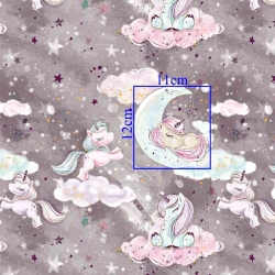 Baumwolle 100% goldene Einhörner mit Wolken auf grau-violettem Hintergrund  