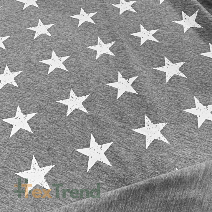 Jersey-Stoff - weiße Sterne auf grauem Melange-Hintergrund  
