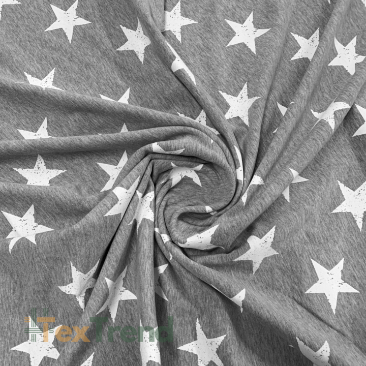 Jersey-Stoff - weiße Sterne auf grauem Melange-Hintergrund  