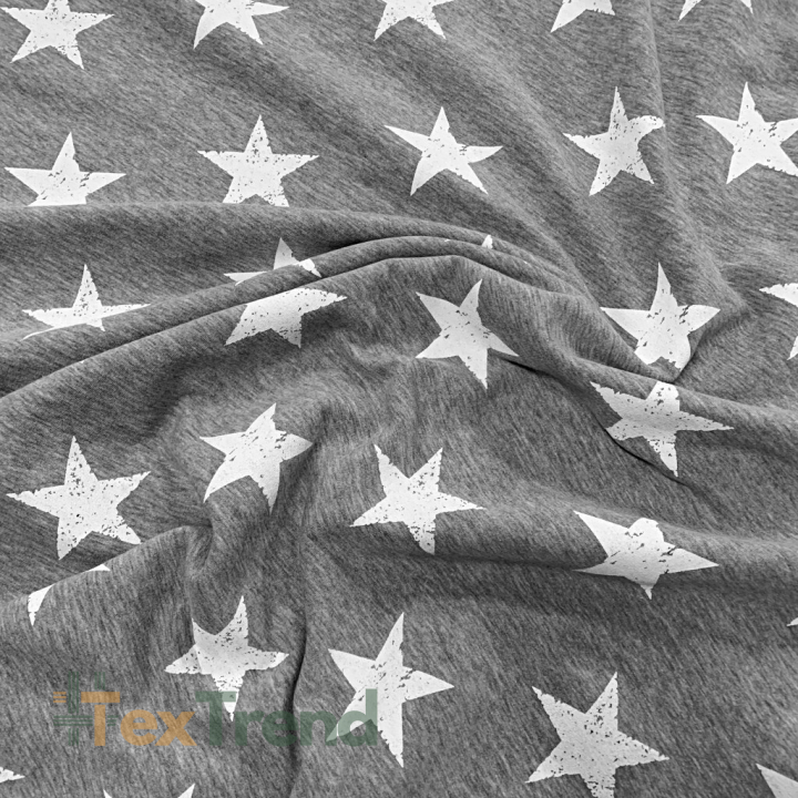 Jersey-Stoff - weiße Sterne auf grauem Melange-Hintergrund  