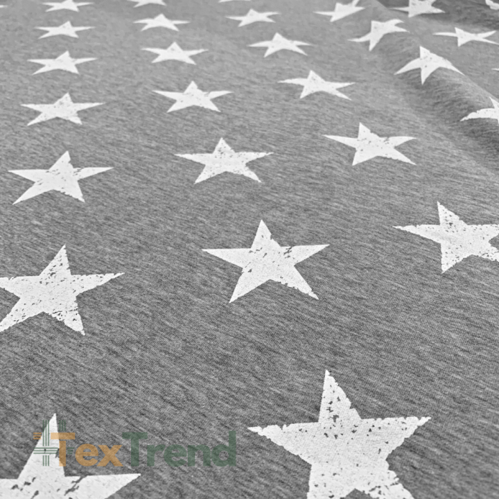 Jersey-Stoff - weiße Sterne auf grauem Melange-Hintergrund  