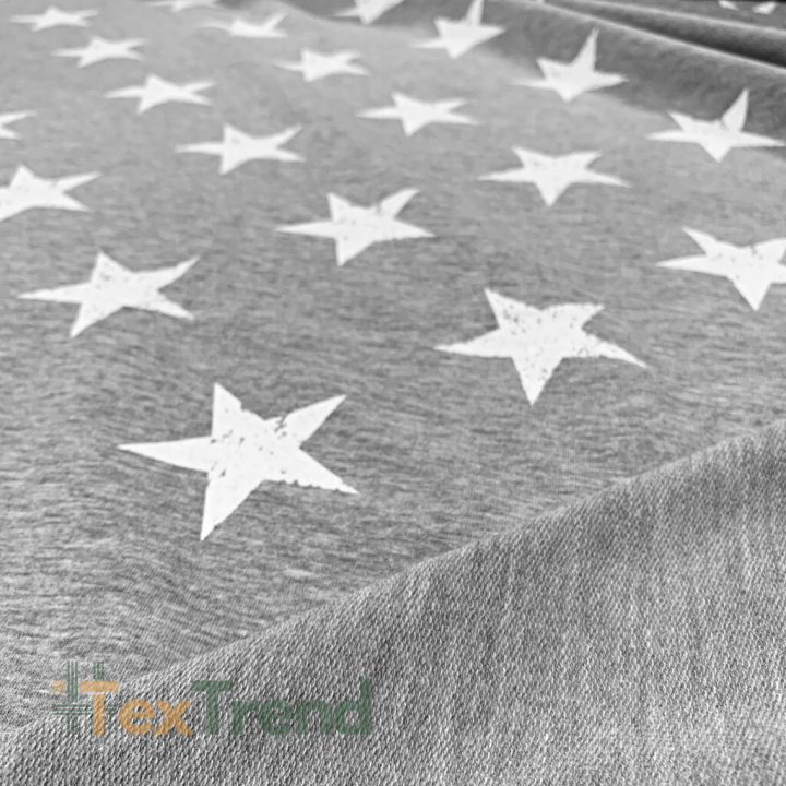 Jersey-Stoff - weiße Sterne auf grauem Melange-Hintergrund  