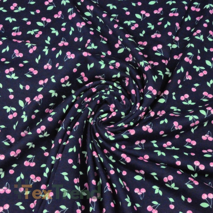 Jersey-Stoff mit Kirschen auf navy Hintergrund  