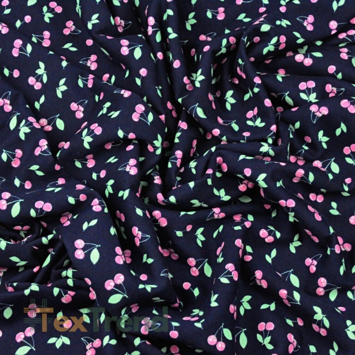 Jersey-Stoff mit Kirschen auf navy Hintergrund  