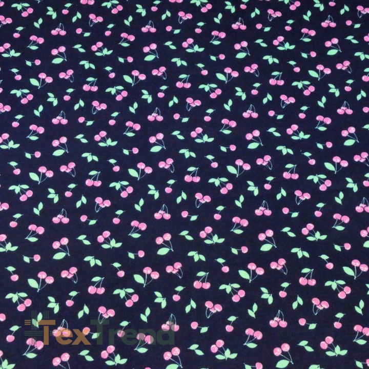 Jersey-Stoff mit Kirschen auf navy Hintergrund  