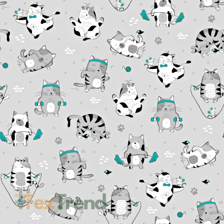 Baumwolle 100% Katzen FIT mint-grau auf grauem Hintergrund  