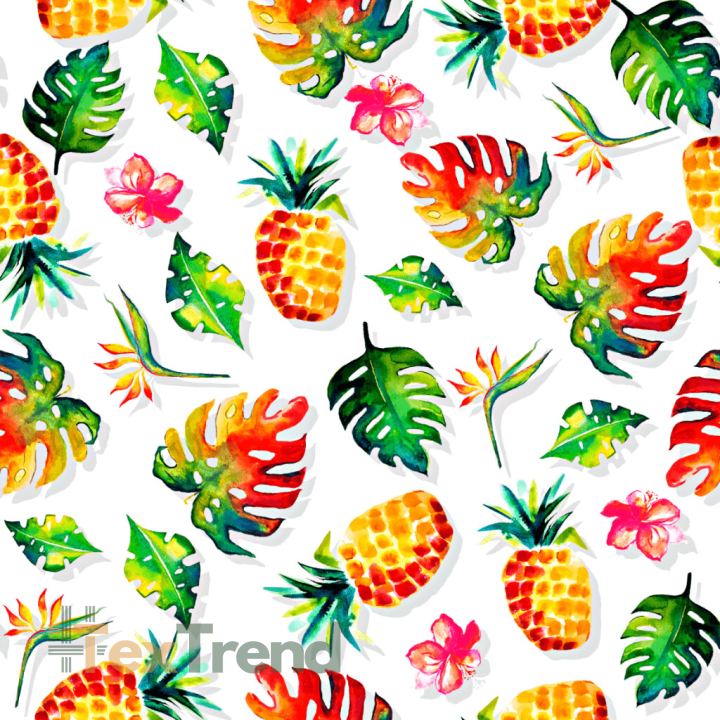 Jersey-Stoff Digitaldruck Ananas mit Blättern auf weißem Hintergrund  