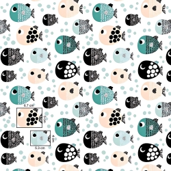 Baumwolle 100% Fische mint-aprikosenfarben mit Punkten auf weißem Hintergrund  