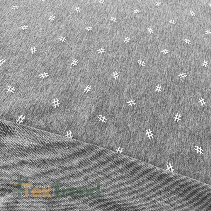 Jersey-Stoff - weiße Hashtags auf grauem Melange-Hintergrund  