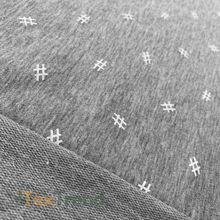 Jersey-Stoff - weiße Hashtags auf grauem Melange-Hintergrund  