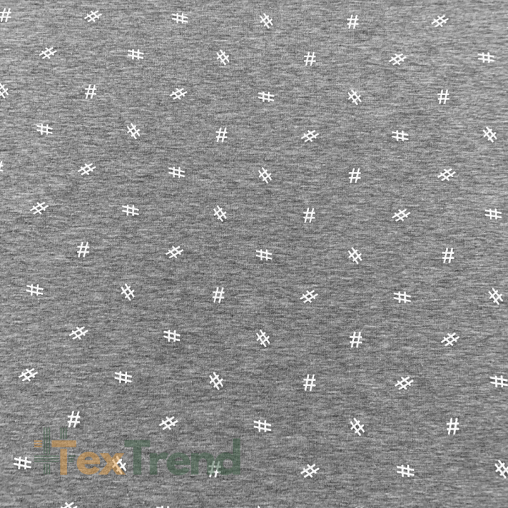 Jersey-Stoff - weiße Hashtags auf grauem Melange-Hintergrund  