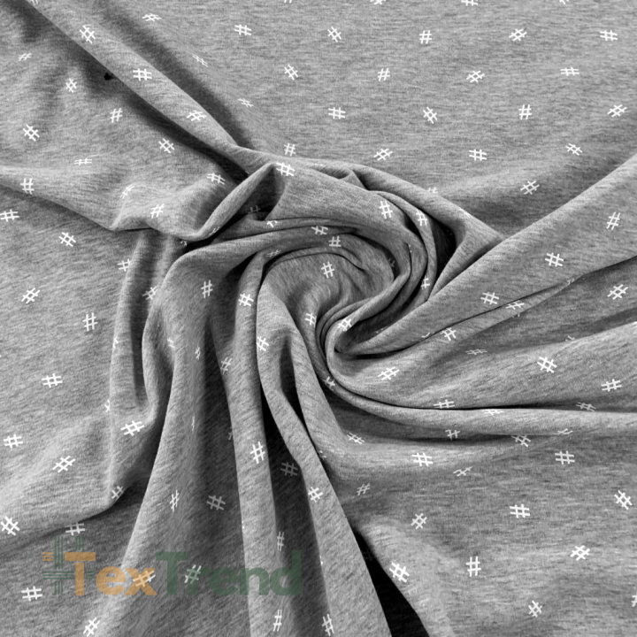 Jersey-Stoff - weiße Hashtags auf grauem Melange-Hintergrund  