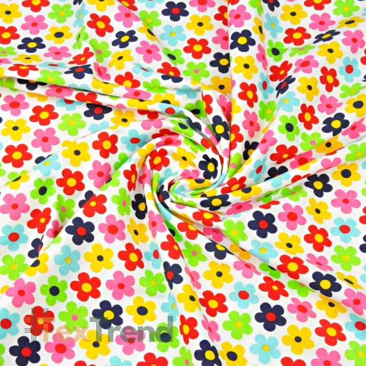 Jersey-Stoff mit bunten Blümchen auf weißem Hintergrund  