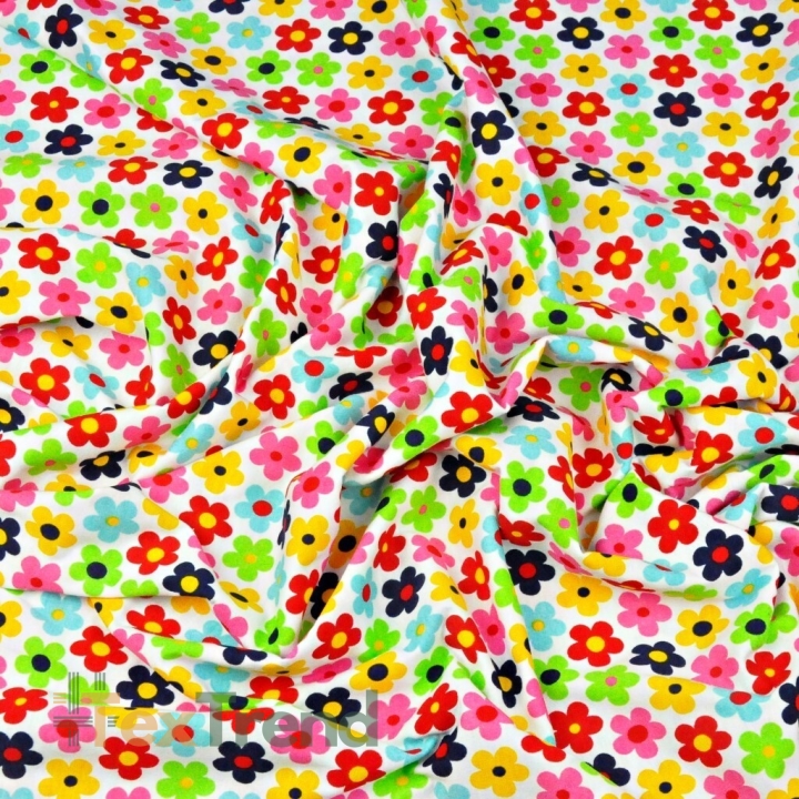 Jersey-Stoff mit bunten Blümchen auf weißem Hintergrund  