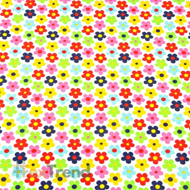 Jersey-Stoff mit bunten Blümchen auf weißem Hintergrund  
