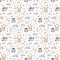 Baumwolle 100% Eulen mit Hasen beige-grau auf weißem Hintergrund  
