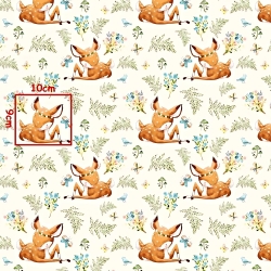 Baumwolle 100% Reh auf der Wiese auf ecrufarbenem Hintergrund  