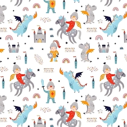Baumwolle 100% Ritter und Drachen bunt auf weißem Hintergrund  