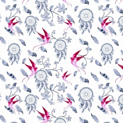 Baumwolle 100% Traumfänger grau mit rosa Schwalbe auf weißem Hintergrund  