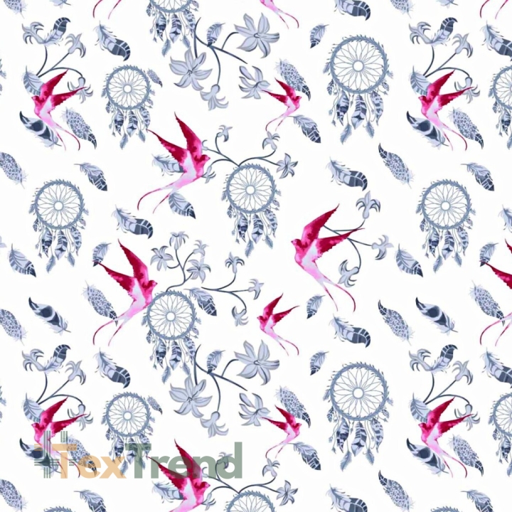 Baumwolle 100% Traumfänger grau mit rosa Schwalbe auf weißem Hintergrund  