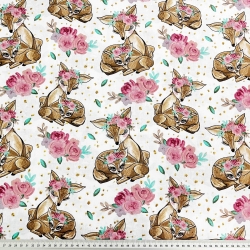 Baumwolle 100% Rehkitze in Rosen auf weißem Hintergrund  