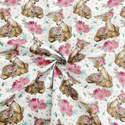 Baumwolle 100% Rehkitze in Rosen auf weißem Hintergrund  