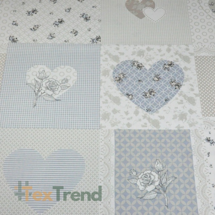 Baumwolle 100% Patchwork Herzen und Blumen beige-blau  