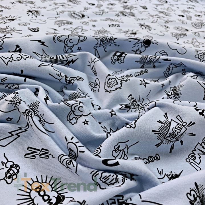 Sweatshirtstoff Loop - Comic-Motive auf hellblauem Hintergrund  