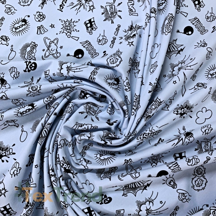 Sweatshirtstoff Loop - Comic-Motive auf hellblauem Hintergrund  