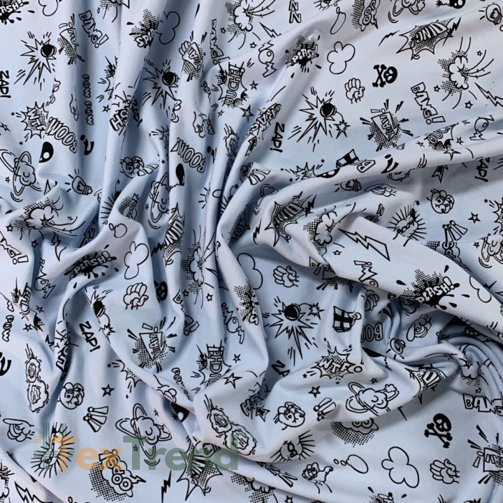 Sweatshirtstoff Loop - Comic-Motive auf hellblauem Hintergrund  